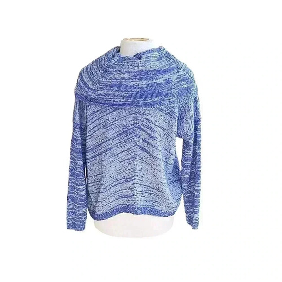 New Express Blue & White Wool Blend Cozy Oversized Cowl Neck Sweater - Picture 4 of 5